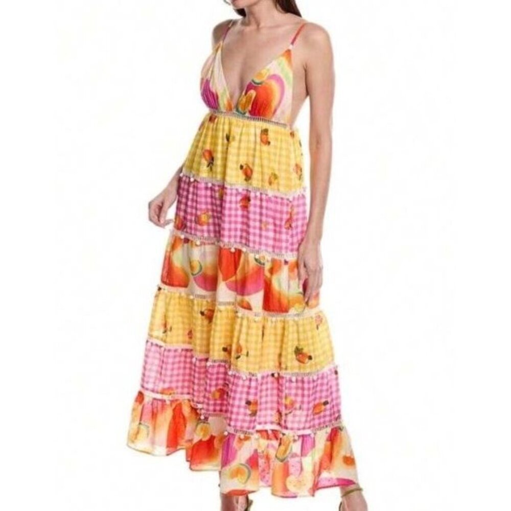 Farm Rio Sz M Dress Mixed Picnic Cashew Maxi Sundress Gingham Sleeveless Tiered